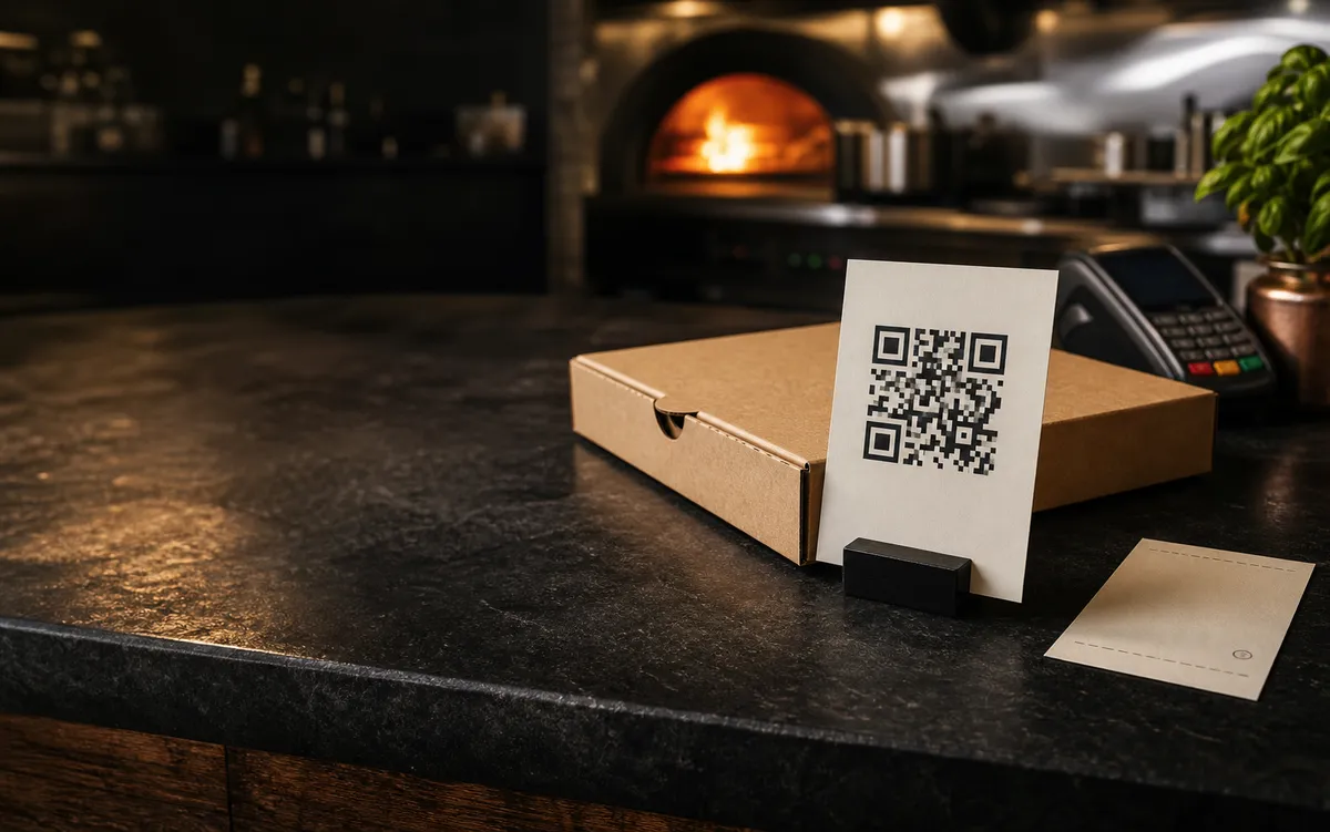 A printed QR code card on a pizzeria counter beside a kraft pizza box.